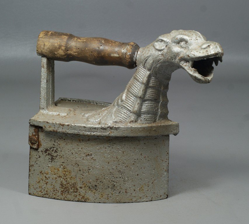 Charcoal Iron with Dragon handle, wear to wood handle,: Charcoal Iron with Dragon handle, wear to wood handle, 9" long, 8-1/4" high