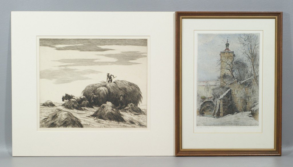 (2 works) Geissler, Paul, German, "Rothenburg" etching: (2 works) Geissler, Paul, German, "Rothenburg" etching printed in color, 10"x7 1/4", together with Williams, Keith S., "Upland Haying" etching, 10"x11 7/8"
