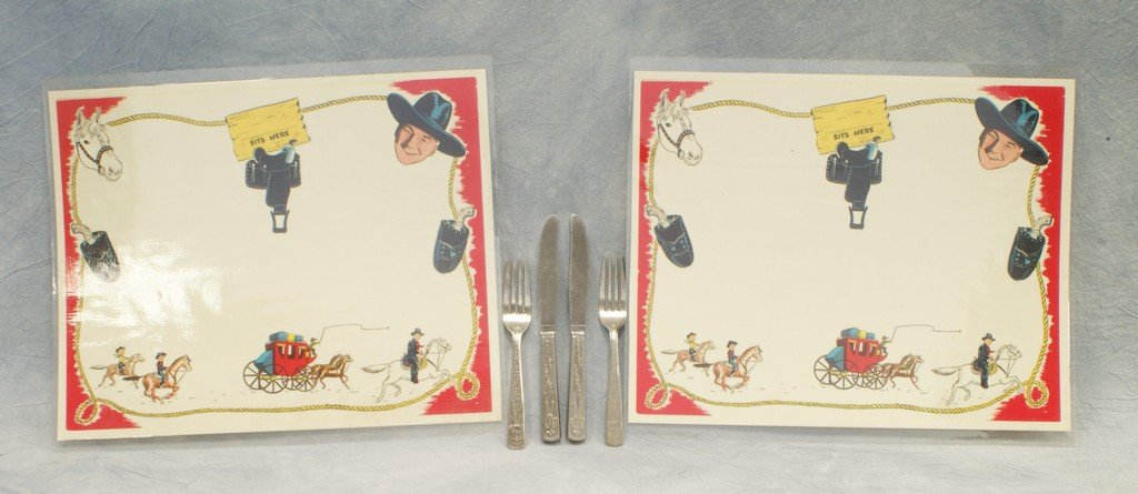 Hopalong Cassidy stainless steel flatware (2 forks, 2: Hopalong Cassidy stainless steel flatware (2 forks, 2 knives, and 1 spoon) and 2 laminated placemats