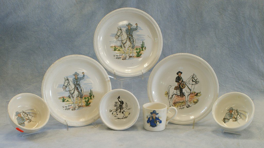 (7) Hopalong Cassidy porcelain dinnerware, (3) plates,: (7) Hopalong Cassidy porcelain dinnerware, (3) plates, (3) bowls, (1) mug, one plate with multiple chips, one bowl with 2 hairlines, plates 9 1/2" dia
