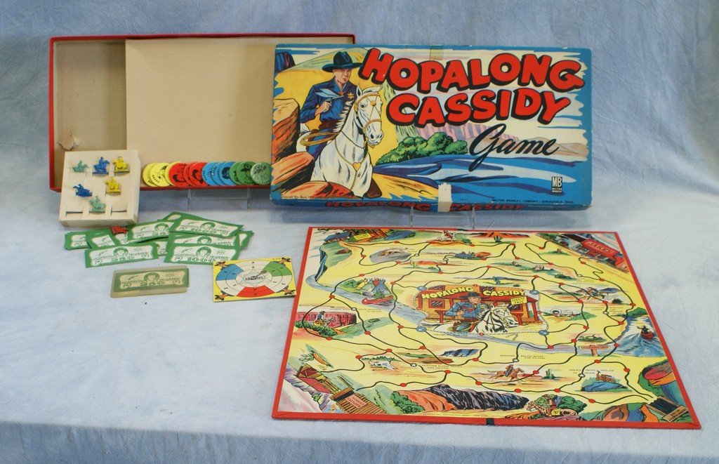 Vintage Hopalong Cassidy board game by Milton Bradley,: Vintage Hopalong Cassidy board game by Milton Bradley, in original box, missing one red game piece