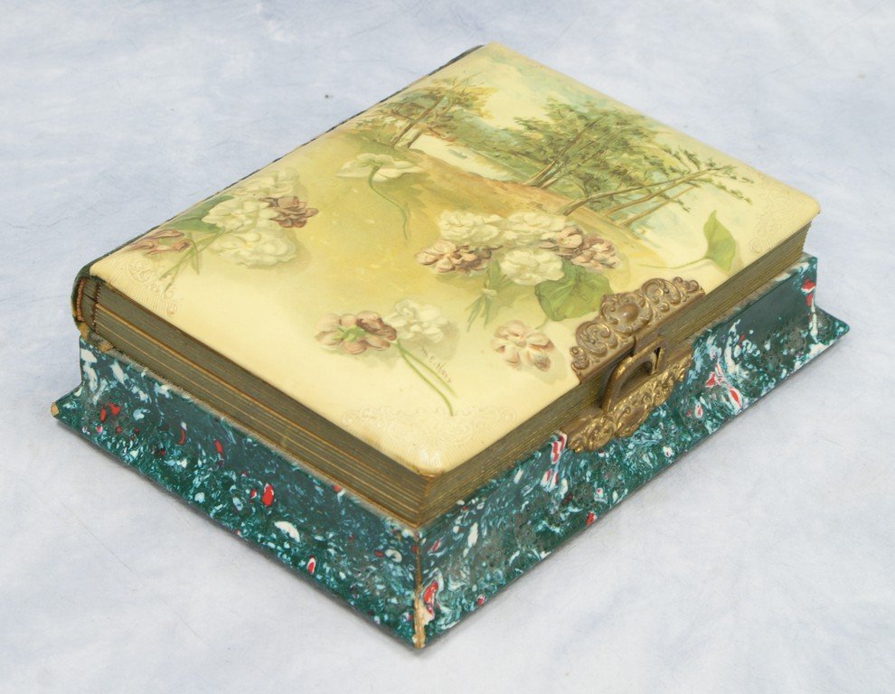 Victorian Celluloid Photo Album with tree and flower: Victorian Celluloid Photo Album with tree and flower decoration, contains a working music box, photos, and tin types, signed M. E. Harr, 11-3/4" x 9" x 3-1/2"