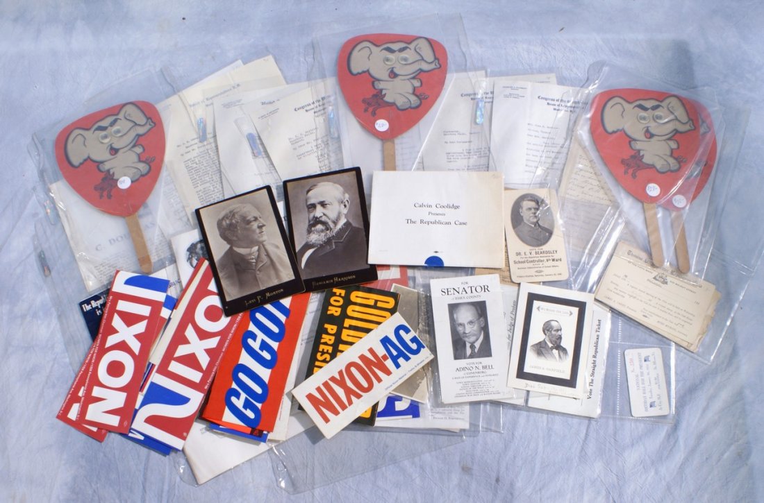 Politics Republican ephemera, three binders of: Politics Republican ephemera, three binders of republican focus to include Garfield mourning card, Harrison and Morton cabinet cards, Nixon bumper stickers and more
