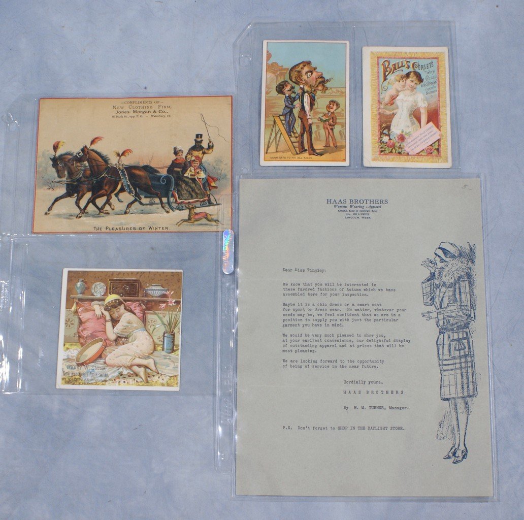 Clothing and Dry Goods trade cards to include Corsets: Clothing and Dry Goods trade cards to include Corsets and more, also including billheads and letterheads, over 75 pieces
