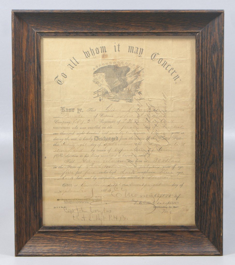 Civil War discharge paper, dated 1864, Captain John: Civil War discharge paper, dated 1864, Captain John Douglas, Cumberland Maryland, 10" x 8"