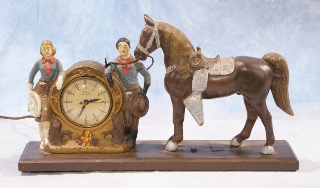 Roy Rogers, Dale Evans & Trigger Oxford Self Starting: Roy Rogers, Dale Evans & Trigger Oxford Self Starting shelf clock by Gibraltar Mfg Co Inc, 19 1/2" w x 9" h