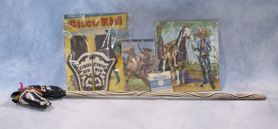 Cisco Kid lot including 40" stick horse, holster set in: Cisco Kid lot including 40" stick horse, holster set in original packaging, jigsaw puzzle, View Master reel, note pad