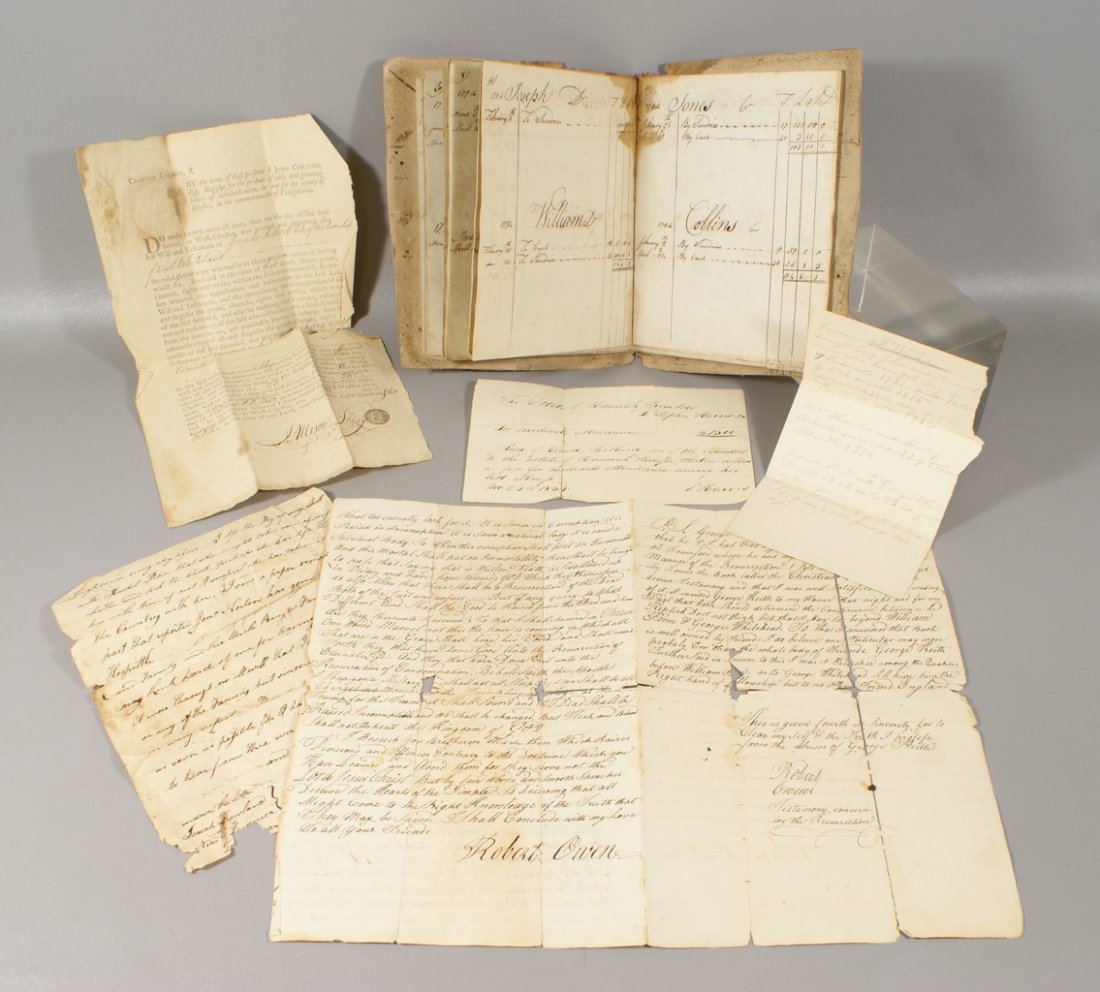 Lot of Chester County 18th & 19th century Ephemera: Lot of Chester County 18th & 19th century Ephemera including a 1791 Quaker Ledger, Testimony of Robert Owen concerning the resurrection, an 1834 Medical Bill, and an 1802 Last Will and Testament of Jo