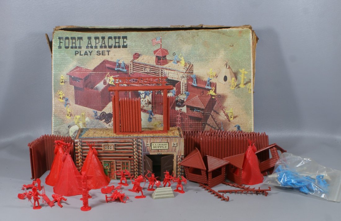 (2) Fort Apache Play Sets by Marx, tin lithograph &: (2) Fort Apache Play Sets by Marx, tin lithograph & plastic, with original boxes