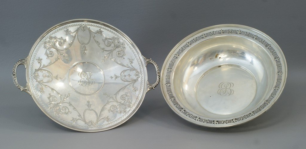 Round sterling bowl by Mauser for Theodore B Starr,: Round sterling bowl by Mauser for Theodore B Starr, pierced border, 9 7/8" d, with an engraved handled sterling tray by Gorham, 9 1/2" d, 20.96 TO , both with mono