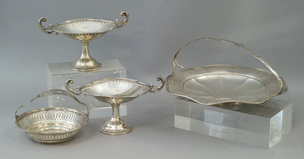 Pr Dominick & Haff sterling silver candy compotes, 4: Pr Dominick & Haff sterling silver candy compotes, 4 1/4" h, 7 1/4" l, with a handled engraved Watson sterling silver cookie plate, 9" d, 19.98 TO