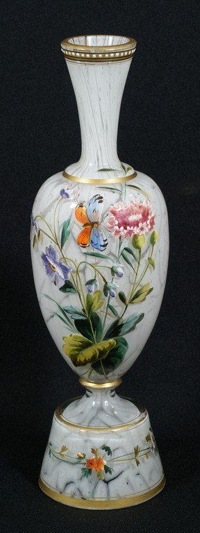 Enameled Glass Pedestal Vase possibly by Thomas Webb,: Enameled Glass Pedestal Vase possibly by Thomas Webb, flowers with a butterfly, 10-1/4"