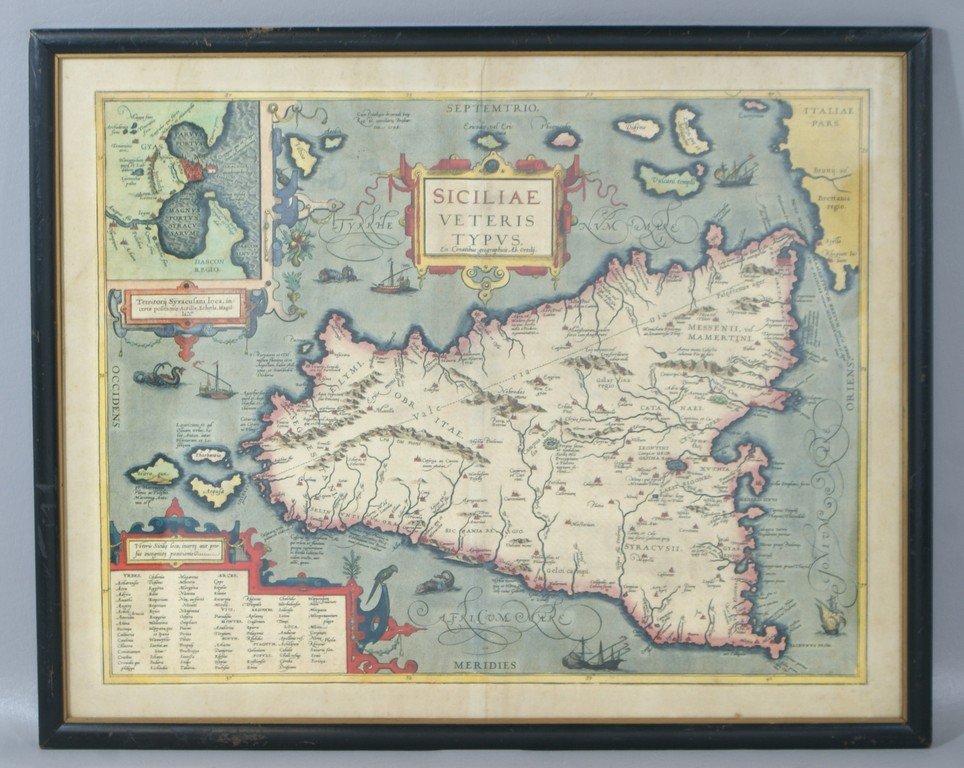 Abraham Ortelius, 1527-1598, Cartographer, Siciliae: Abraham Ortelius, 1527-1598, Cartographer, Siciliae Veteris Typus / Ex Conatibus geographicis Ab. Ortelij, handcolored engraved map of Sicily, inset plan of Syracuse, ornamental cartouche, ships and s