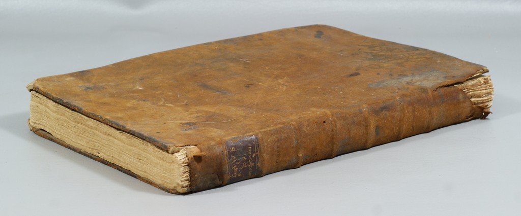 Book, "The Charters and Acts of Assembly of The: Book, "The Charters and Acts of Assembly of The Province of Pennsylvania," Philadelphia: Peter Miller, 1762. 2 vols. + appendix in 1vol. Folio size, evenly stained throughout, losses to boards and spi