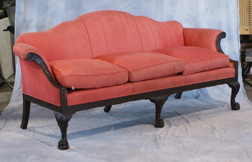 Carved mahogany Chippendale style camelback sofa: Carved mahogany Chippendale style double peak camelback sofa with hairy paw feet, 89" w x 38" h