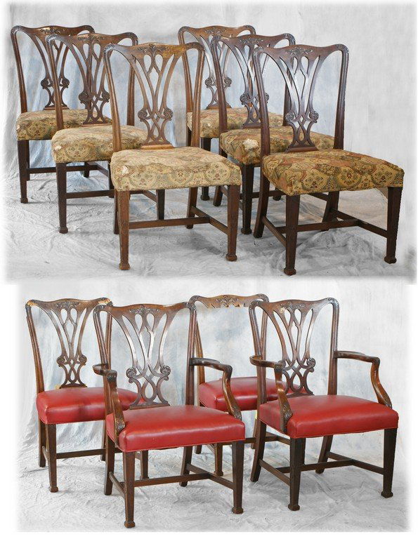 Set of 10 carved mahogany Georgian style dining room: Set of 10 carved mahogany Georgian style dining room chairs including 2 with arms, 2 side chairs need extensive repair, 38 3/4" h