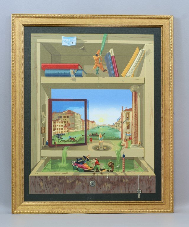 Lia Menna Barreto, Brazilian, b 1959, acrylic on board,: Lia Menna Barreto, Brazilian, b 1959, acrylic on board, Trompe L'Oeil of Canaletto's Grand Canal, Venice, 22 1/2" x 18"