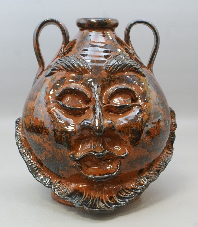 Henderson's Redware double face jug, manganese: Henderson's Redware double face jug, manganese decoration, dated September 16, 2001, 10 1/2" tall, Bangor, ME, no damage