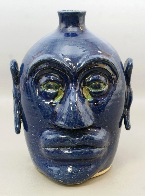 Edwin Meaders cobalt blue pottery face jug, 11 1/4": Edwin Meaders cobalt blue pottery face jug, 11 1/4" tall, dated 2-13-93, no damage