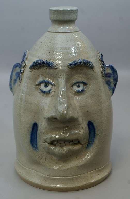 Eldreth Pottery stoneware face jug with blue