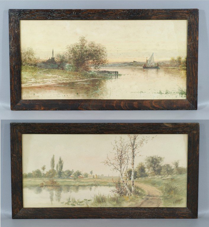 Saint Clair Augustin Mulholland, American, 1839-1910,: Saint Clair Augustin Mulholland, American, 1839-1910, watercolor, Boat on River at Dawn, site size 11 1/4"x 22 3/4", signed lower left, together with F. Howard (unknown) watercolor, Birch Tree and Gra