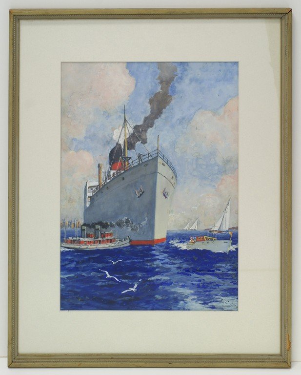 Frank Beaudouin, American,. PA, b 1885, gouache,: Frank Beaudouin, American,. PA, b 1885, gouache, Steamship in Port, 17 1/2" x 13"