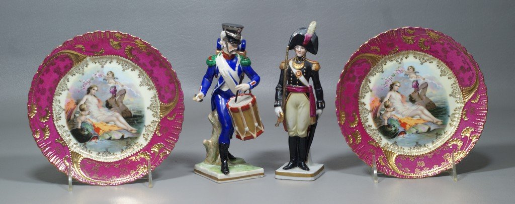 Pair of Continental Porcelain plates together with 2: Pair of Continental Porcelain plates together with 2 porcelain regimental figures, blue soldier with Capodimonte mark, head broken and glued, missing most of one drumstick, and tip of sword, tallest 7