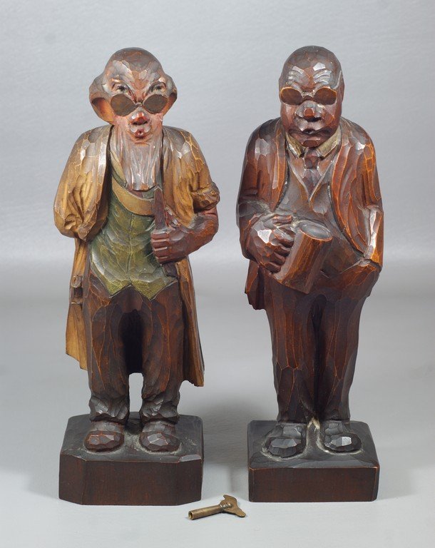 Pair of Carved Black Forest Style Whistlers, no longer: Pair of Carved Black Forest Style Whistlers, no longer whistling but the heads nod when wound, 12-1/2"