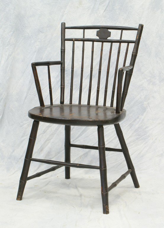 Bamboo turned Windsor armchair, unsigned, in the style: Bamboo turned Windsor armchair, unsigned, in the style of Gaw Brothers, Philadelphia, c 1800, 35" h