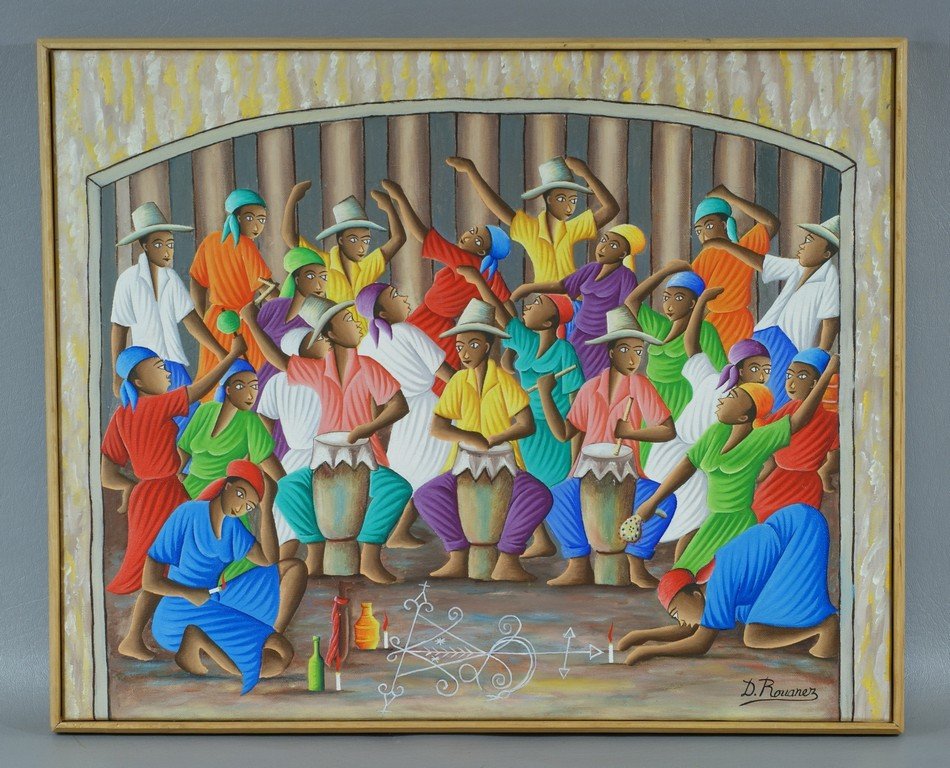 Dieudonne Rouanez, Haitian b 1920, o/c, Voodoo Ritual: Dieudonne Rouanez, Haitian b 1920, o/c, Voodoo Ritual Dancing and Drumming with Veve Floor Drawing, 15 3/4"x19 1/2", signed lower right