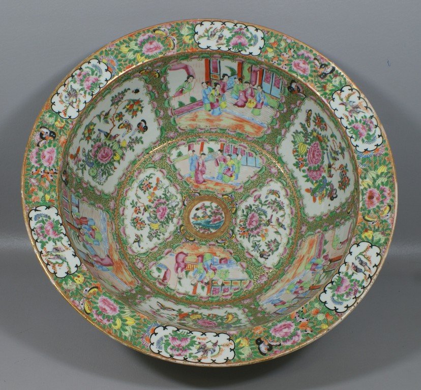 Rose Medallion Chinese porcelain basin with large wide: Rose Medallion Chinese porcelain basin with large wide flanged rim, 18 1/2" d, 6 1/2" h, no damage, cracks, or restoration, 19th c