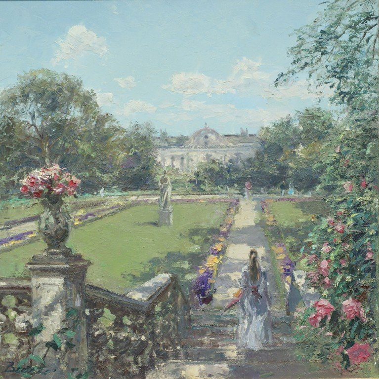 Hans Joseph Wilhelm Becker, German b 1930, "Palace: Hans Joseph Wilhelm Becker, German b 1930, "Palace Gardens", O/C, signed lower left, 39-1/4" x 39-1/4", with Newman Galleries tag