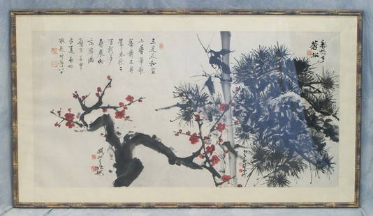 Framed Chinese Painted Scroll, depicting plum and pine: Framed Chinese Painted Scroll, depicting plum and pine tree, 34" h, 62-1/4" w