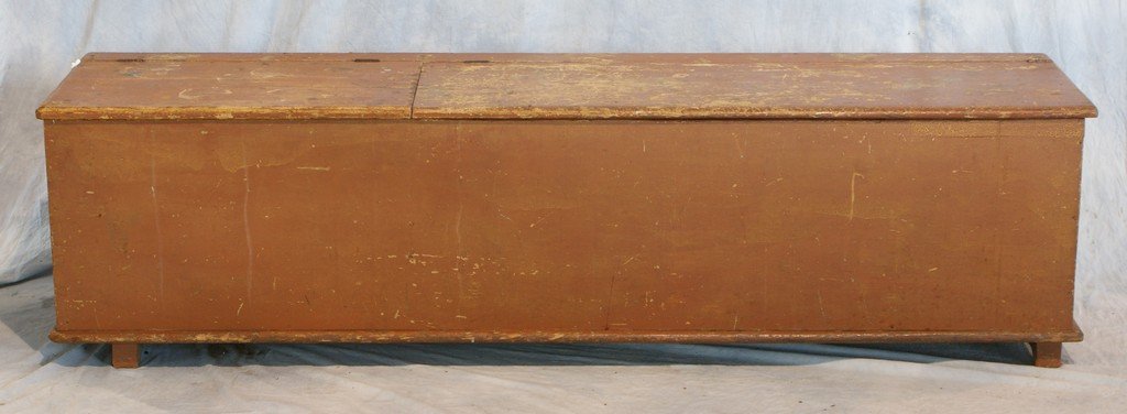Pine double lift lid wood box, dovetailed corners,: Pine double lift lid wood box, dovetailed corners, raised on square legs, old brown painted surface, 69" w x 18 1/2" h x 16 1/2" d, mid 19th C, probably Pennsylvania