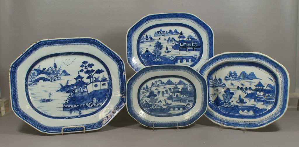 4 pcs Chinese Export Canton Porcelain, including (3): 4 pcs Chinese Export Canton Porcelain, including (3) platters and one well and tree platter, all in as-is condition, all with cracks, old staple repairs etc., largest 17-1/4"