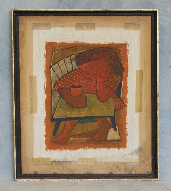 Angel Botello, Spanish, 1913 - 1986), color linoleum: Angel Botello, Spanish, 1913 - 1986), color linoleum cut, Child Holding Cup, edition 21/50, signed "Botello" (lower right), image size 16" x 12 3/4", laid down on cardboard, stains