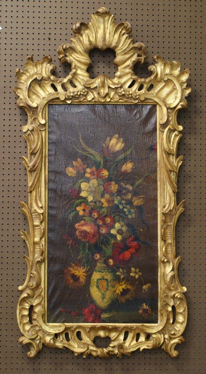 Continental School, late 19th/20th c, Floral O/C, in an: Continental School, late 19th/20th c, Floral O/C, in an ornate carved and gilt wood frame, sight 39-1/4" h x 20" w, overall 63" x 32", minor losses to frame, craquelure to canvas