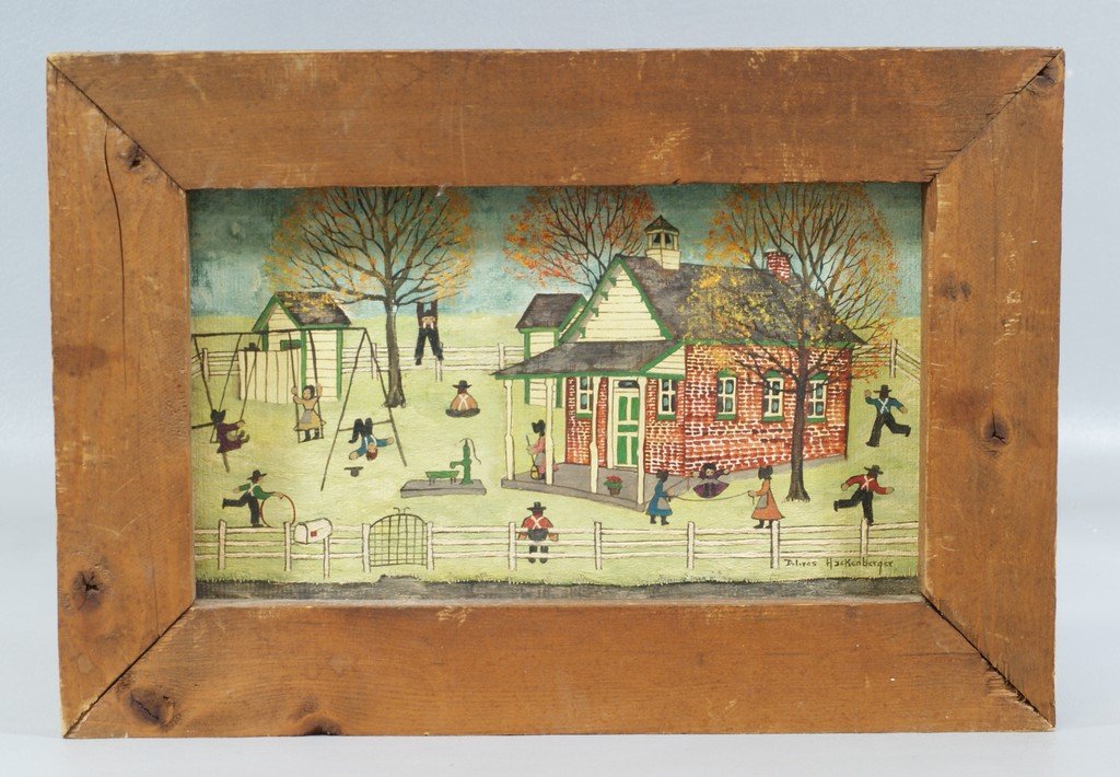 Dolores Hackenberger, American, PA, b 1930, o/canvas: Dolores Hackenberger, American, PA, b 1930, o/canvas board, Amish Children Playing outside Schoolhouse, 7" x 12", presentation inscription verso, 1979