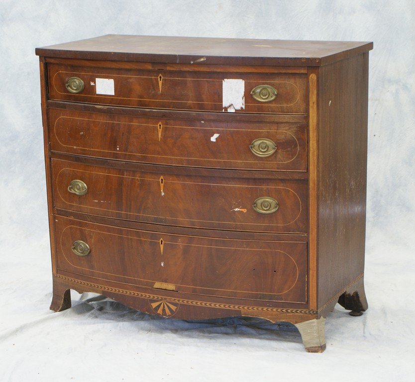 Inlaid mahogany American Hepplewhite bow front 4 drawer: Inlaid mahogany American Hepplewhite bow front 4 drawer chest, feet shortened about 2", some inlay losses, 38" h, 41" w, 22" d