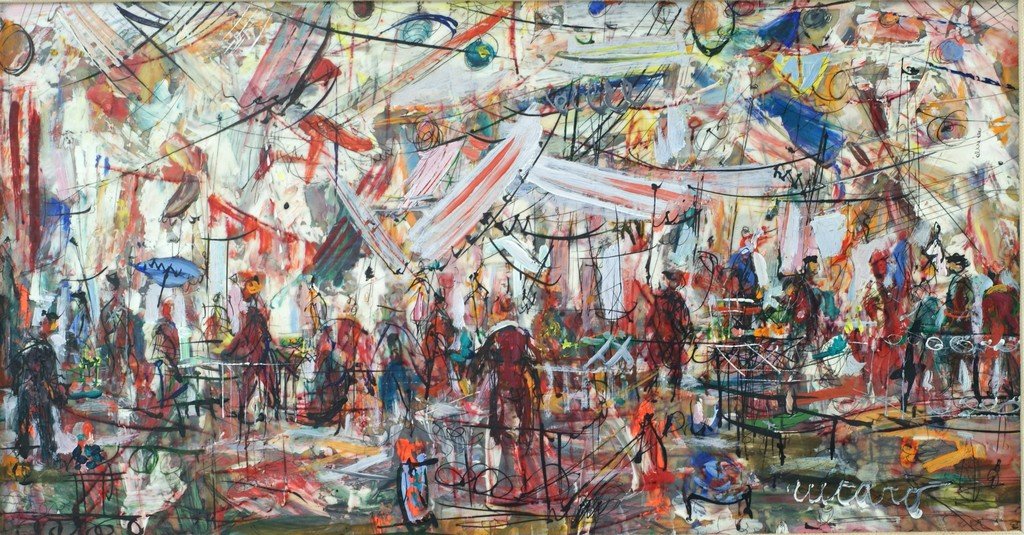 Pascal Cucaro, American, CA, 1915 - 2004, acrylic on: Pascal Cucaro, American, CA, 1915 - 2004, acrylic on board, Circus Scene, 15" x 30"