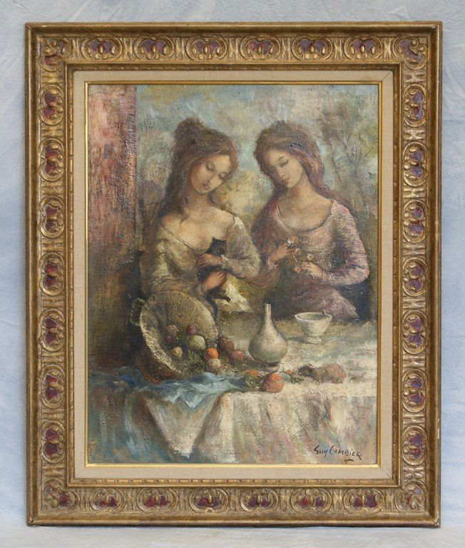 Guy Cambier, French, 1923-2008, o/c, 2 Young Girls with: Guy Cambier, French, 1923-2008, o/c, 2 Young Girls with Kitten and Tabletop Fruit, 25 1/2" x 19 1/2"