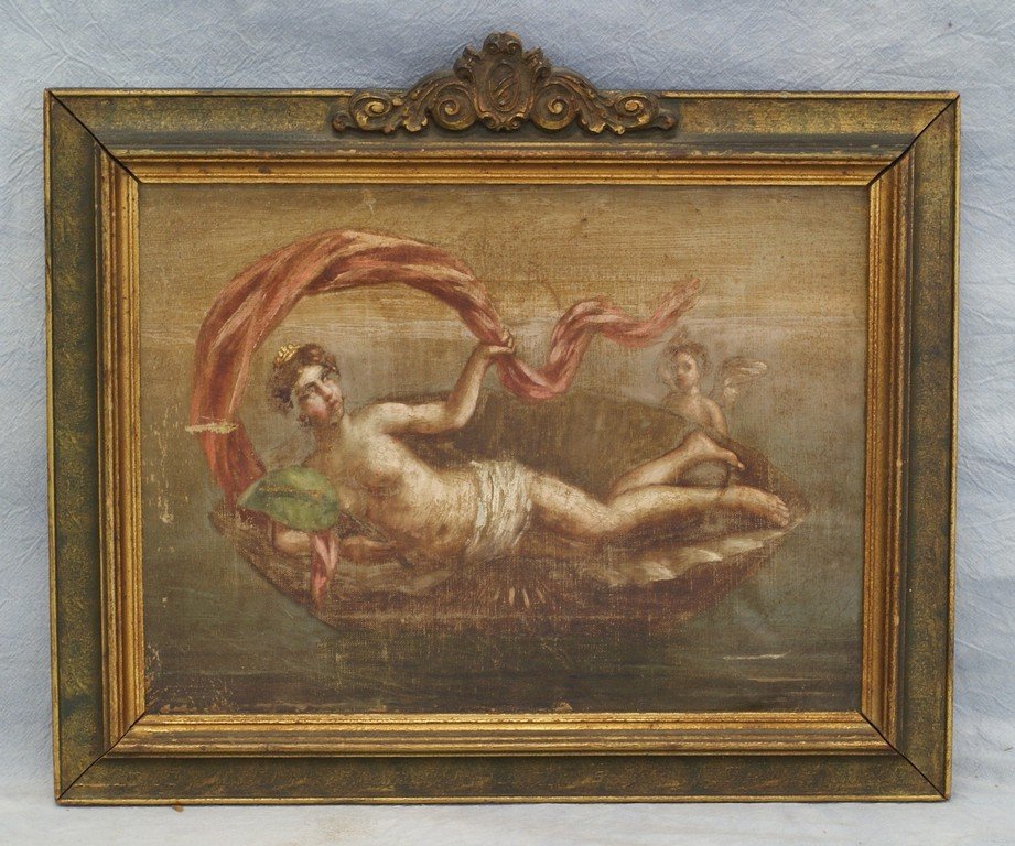 Style of Francois Boucher, o/c, Reclining Nude Maiden: Style of Francois Boucher, o/c, Reclining Nude Maiden with Cherub, 9" x 12"
