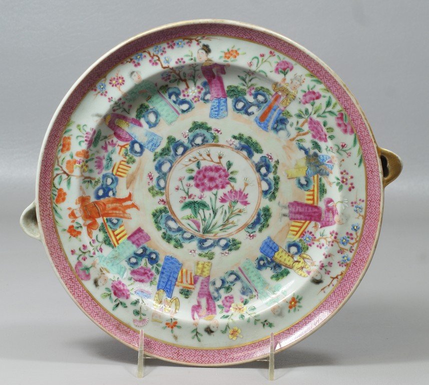 Chinese Export Famille Rose Warming Dish: Chinese Export Famille Rose Warming Dish, hairline running around underside where flange attaches to body, 9-3/4" diam
