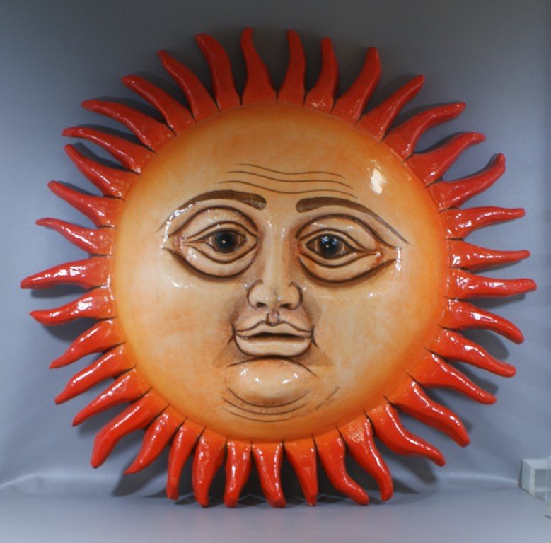 Sergio Bustamante, Mexican, b 1934, paper mache,: Sergio Bustamante, Mexican, b 1934, paper mache, Sunface, 40"d, signed and numbered 32/100, some damage to the nose