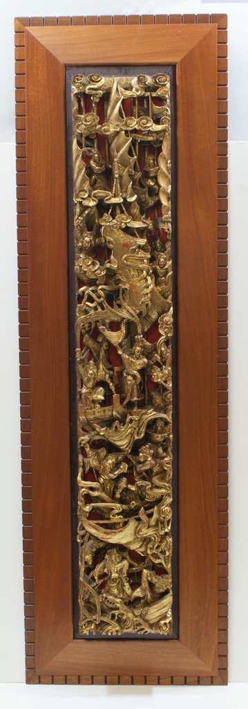 Chinese Carved and Gilt Wood Panel in Frank Lloyd: Chinese Carved and Gilt Wood Panel in Frank Lloyd Wright inspired hand made mahogany frames by R. E. Baker, overall 49-1/2" x 15-1/4"