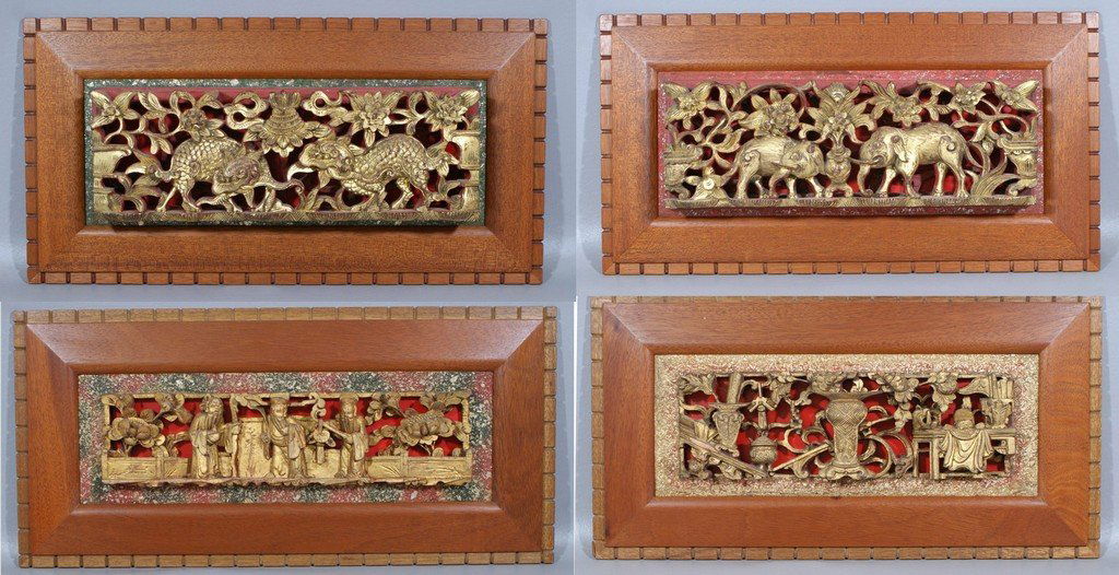 4 Chinese Carved and Gilt Wood Plaques in Frank Lloyd: 4 Chinese Carved and Gilt Wood Plaques in Frank Lloyd Wright inspired hand made mahogany frames by R. E. Baker, largest overall 21-1/4" x 10"