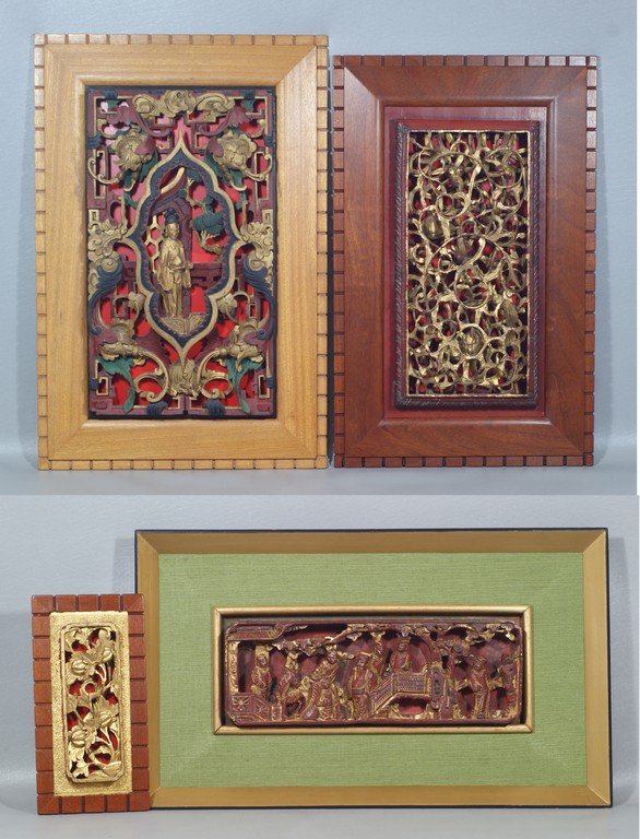 4 Chinese Carved and Gilt Wood Plaques, 3 in Frank: 4 Chinese Carved and Gilt Wood Plaques, 3 in Frank Lloyd Wright inspired hand made mahogany frames by R. E. Baker, largest overall 21-3/4" x 14-1/4"