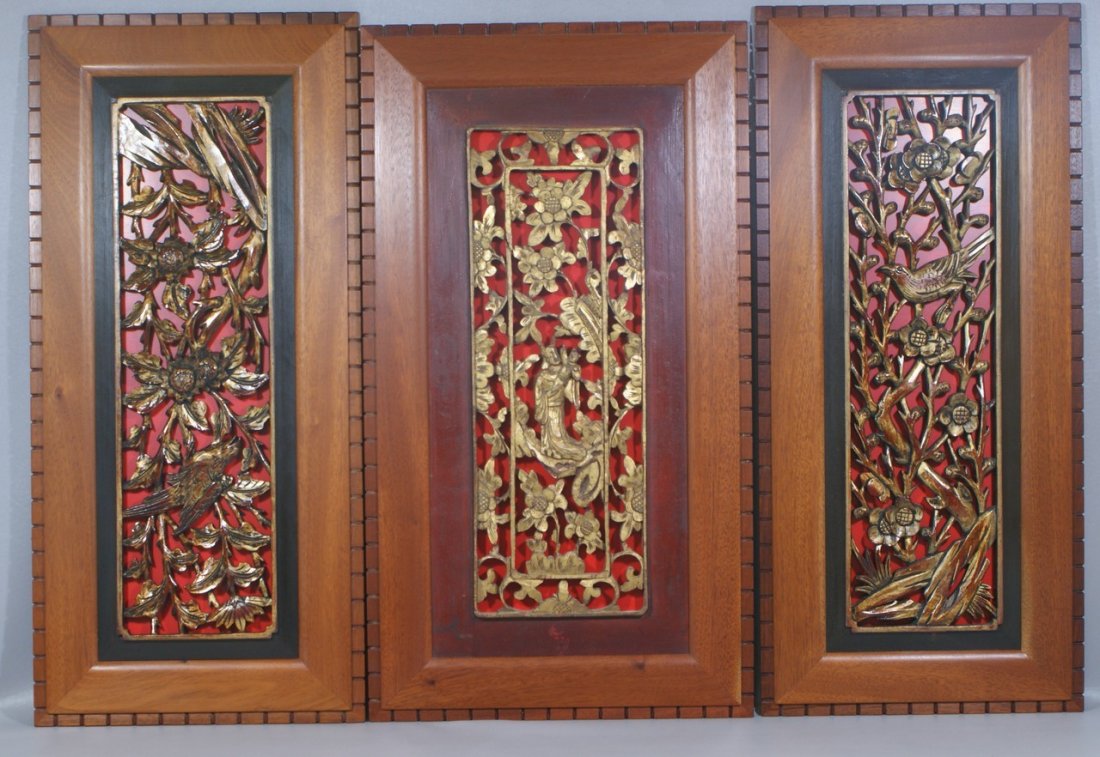 3 Chinese Carved and Gilt Wood Plaques in Frank Lloyd: 3 Chinese Carved and Gilt Wood Plaques in Frank Lloyd Wright inspired hand made mahogany frames by R. E. Baker, largest overall 27-1/2" x 14-1/2"