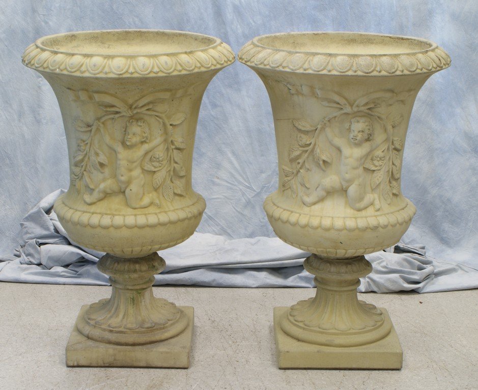 Pair of cast stone garden planters, 2 pieces, marked: Pair of cast stone garden planters, 2 pieces, marked "HGC/Made in England", 20th century, removed from the Le Bec Fin restaurant in Philadelphia, PA, 26" in diameter, 40" high