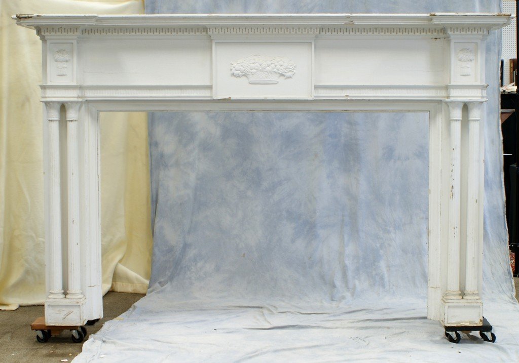 Early 20th century carved and painted pine Federal: Early 20th century carved and painted pine Federal style fireplace surround and mantel, 87 3/4" w, 61 1/4" high, 32" d, opening 42 1/2" h, 62 1/2" wide